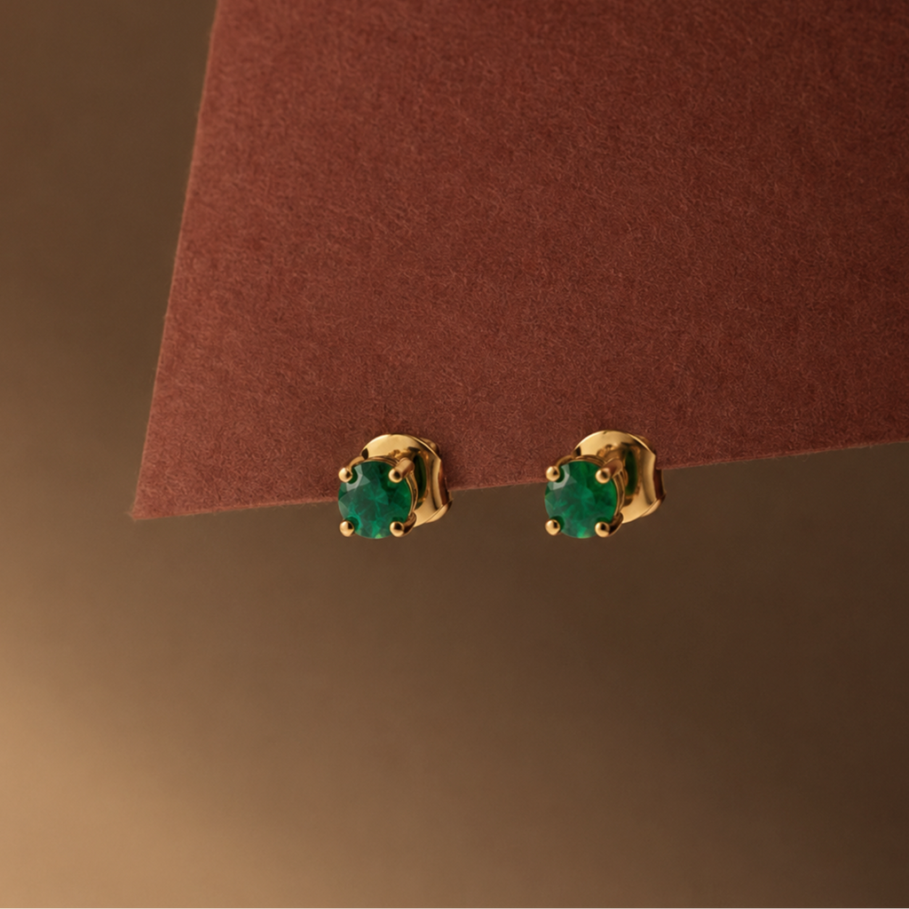 Aretes Topo con Esmeralda y Diamante, Oro 14K