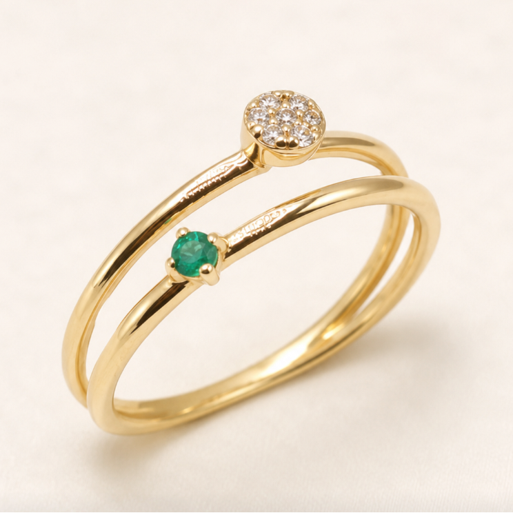 Anillo Doble con Esmeralda y Diamantes, Oro 14K