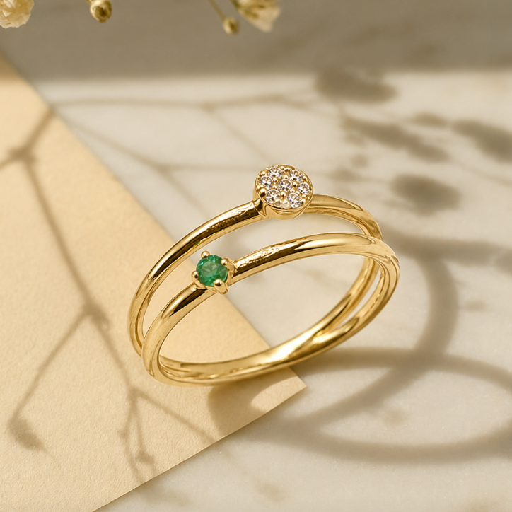 Anillo Doble con Esmeralda y Diamantes, Oro 14K