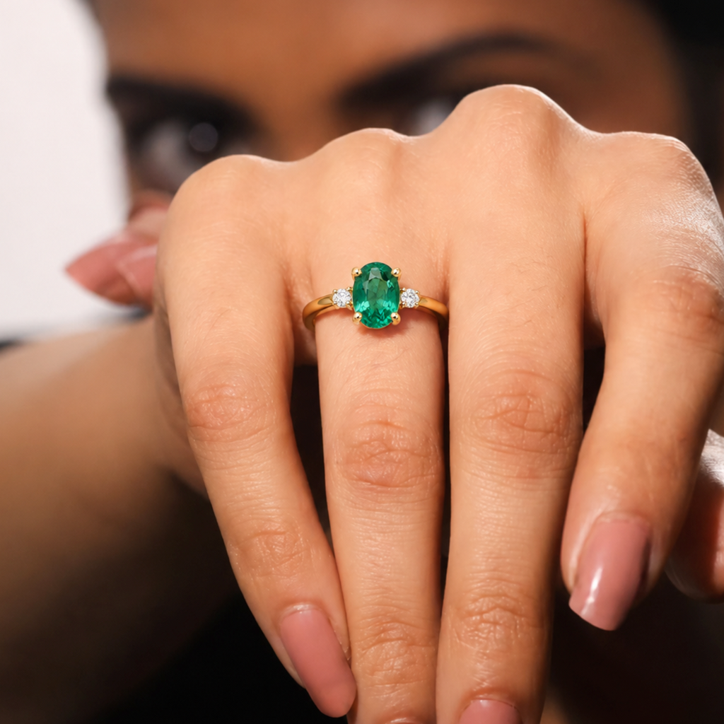 Anillo con Esmeralda Oval y Diamantes, Oro 14K