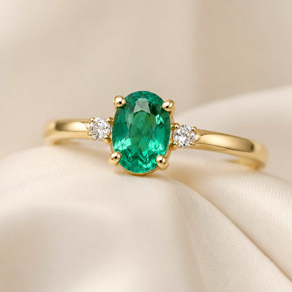 Anillo con Esmeralda Oval y Diamantes, Oro 14K