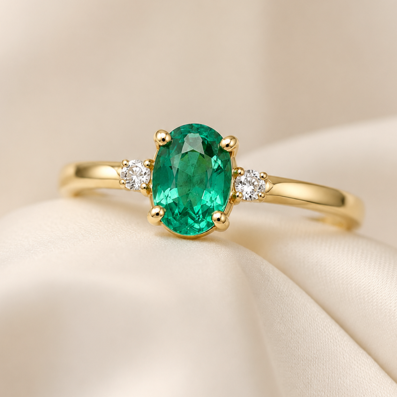 Anillo con Esmeralda Oval y Diamantes, Oro 14K