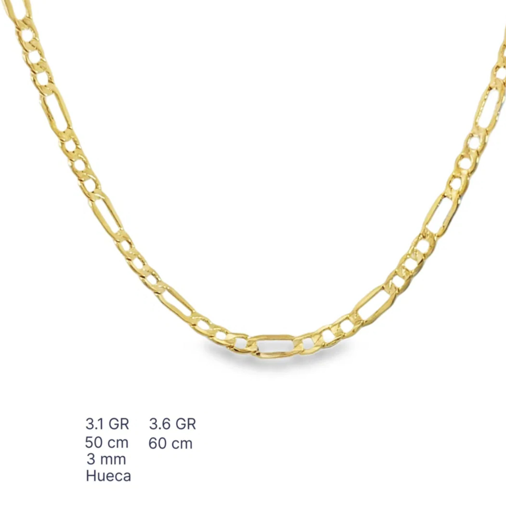 Cadena Fígaro Hueca 3mm, Oro 10 K