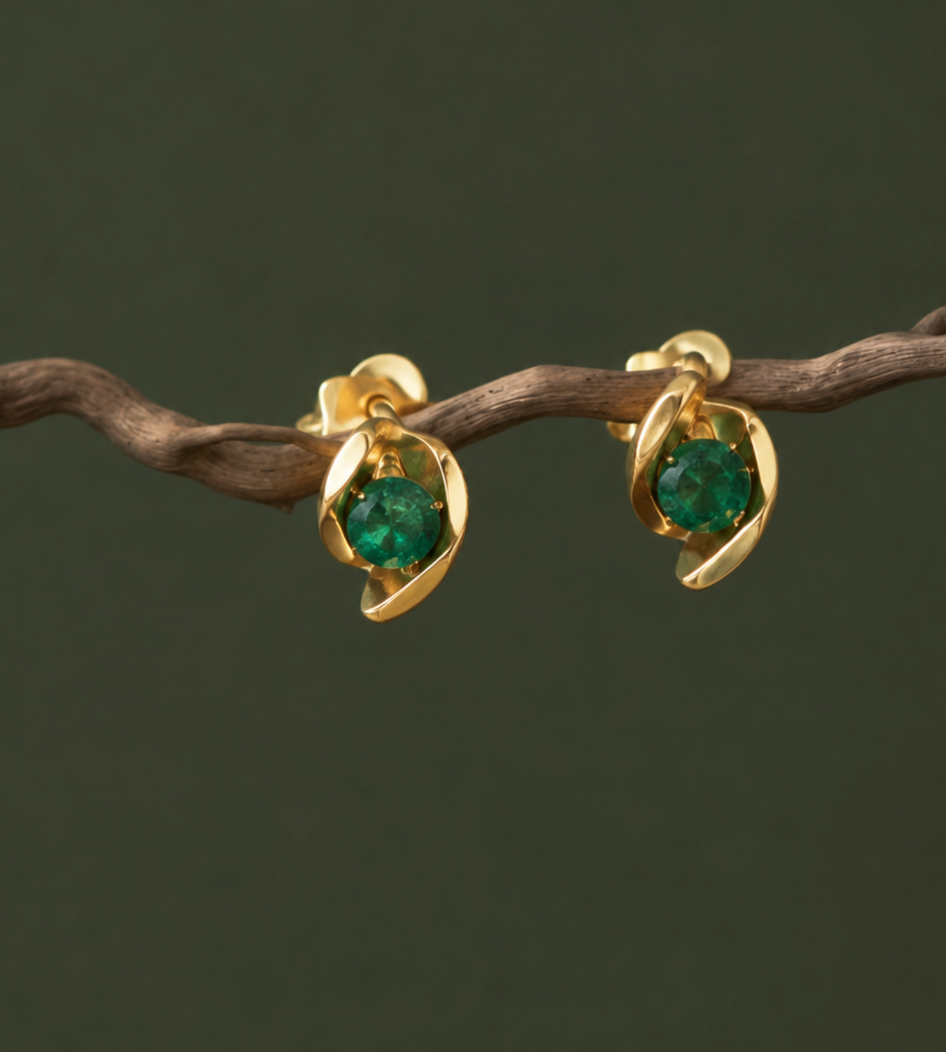 Aretes Topo con Esmeralda y Montura Envolvente, Oro Amarillo 14K