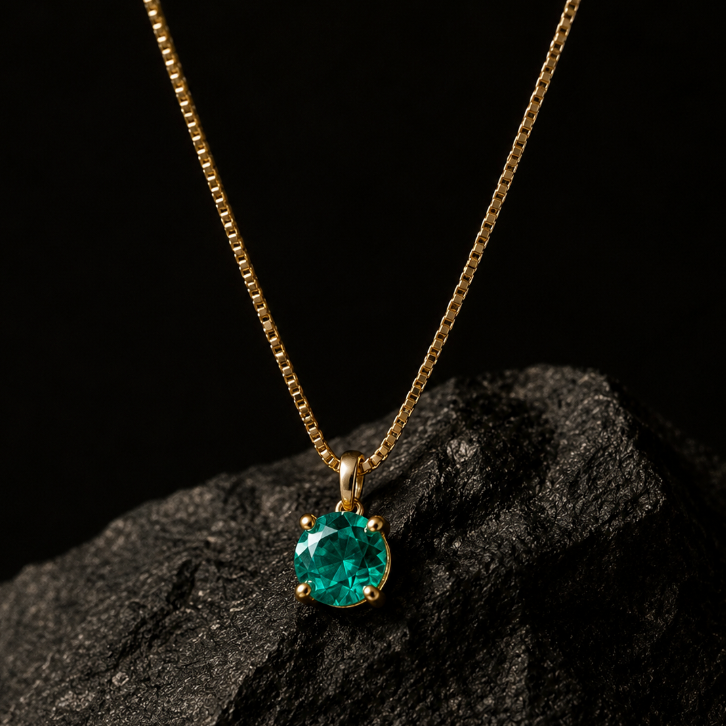 Collar Punto de Luz con Esmeralda, Oro 14K